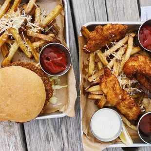 Falafel burger and fish and chips