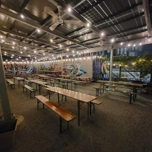 tables and benches in a beer garden