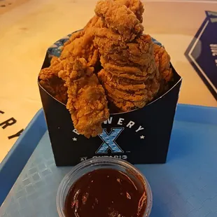 Up close Chicken Tendies &amp; BBQ Sauce