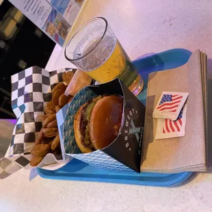 a tray of food and a drink