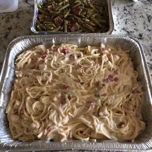Chicken Spaghetti and green beans. to go meals are amazing!