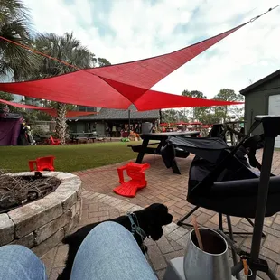 a dog sitting under a red shade