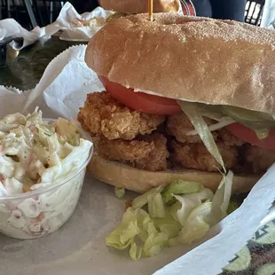 Closeup of Shrimp Po&apos; Boy sandwich. Amazingly fresh and loaded with shrimp.