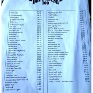 a list of drinks and prices