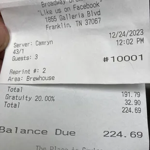 a receipt for a beer
