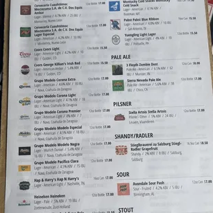 Beer Menu as of 12/24/21