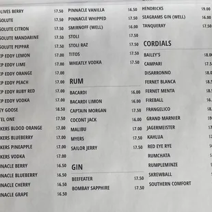 Liquor Menu as of 12/24/21