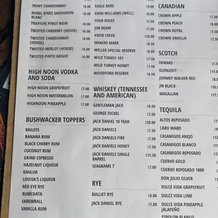 Liquor Menu as of 12/24/21