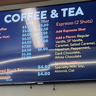 a menu for coffee and tea