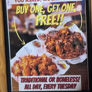 BOGO - Turn 10 wings into 20 on TUESDAYS