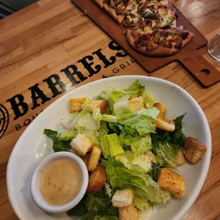 Caesar Salad and BBQ Chicken Pizza