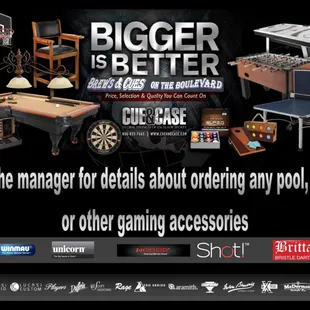 a billiards table, a pool table, and other gaming accessories