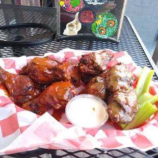 Wings. 1/2 IPA buffalo 1/2 habanero.