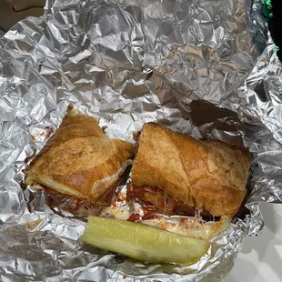 Meatballs sandwich and pickles