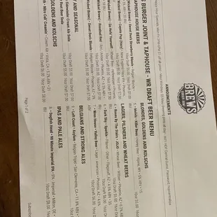Beer/drink menu