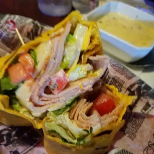 This is one of their turkey wrap specials with a cup of lobster bisque.