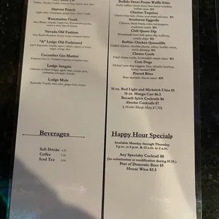 Menu - specialty cocktails, beverages, Game Day Specials (NFL &amp; VGK) and Happy Hour Monday - Thursday 3p-6p and midnight-2a