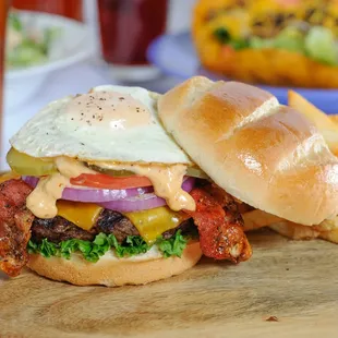 Bistro Cheddar Breakfast Burger, for the burger aficianado!  Add an egg to any burger or sandwich at Brewsky's!
