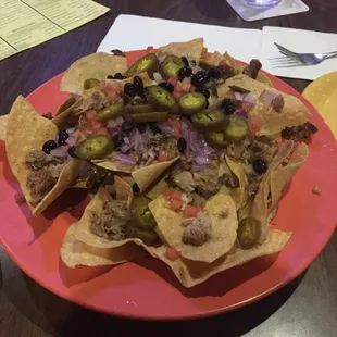 BBQ nachos. Cheese and BBQ sauce on the side for gluten free.