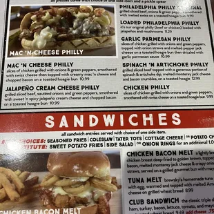 a menu for a sandwich