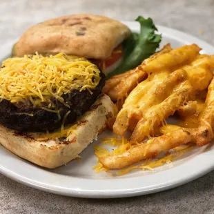 Brewster burger with cheese fries