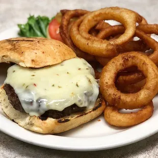 Brewster burger with onion rings