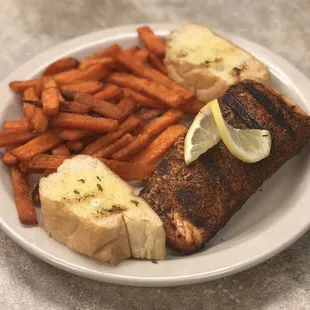 Blackened salmon with sweet potato fries