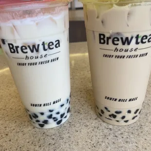 Jasmine milk tea in left is overly sweet, almost undrinkable.