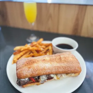 Tri Tip Dip Steak sandwich + mimosa