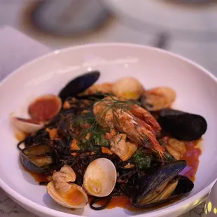 Squid in seafood pasta