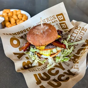 S&amp;p burger with bacon, and some really killer/ bomb tots with a kick in it dipping sauce