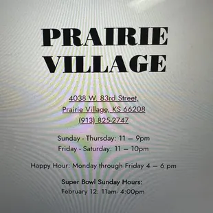 the menu for prairie village