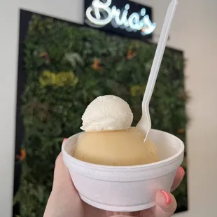 a hand holding a bowl of ice cream
