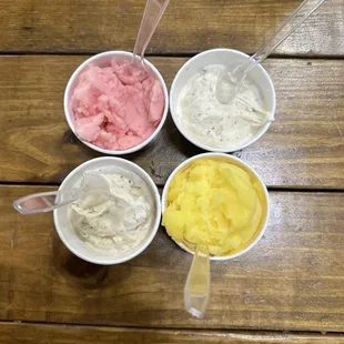 Twix ice cream, cherry pineapple Italian ice, mango Italian ice.