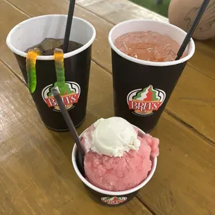 Cherry Pineapple Italian Ice topped with ice cream, Creepy Crawler Dirty Soda, The Brookie Dirty Soda