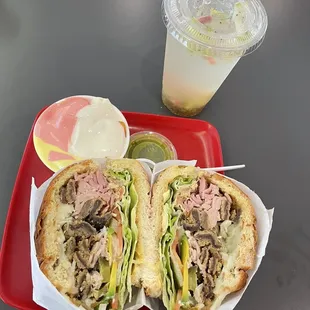 a sandwich and a drink