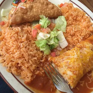 Chicken taco, rice, and chicken enchilada