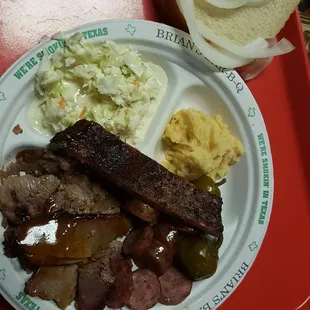 Rib brisket sausage potato salad coleslaw