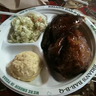 half chicken Cole slaw and potato salad... yummy!