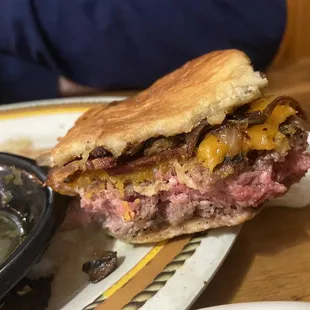 John Wayne Burger - actually cooked pink! Finally someone who does medium rare!