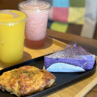 Ube crepe cake, cheese croissant, mango slush, guava slush