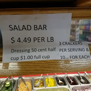Dressing will be $.50 for half a cup and $1.00 for a full cup. You get three crackers per serving and any extra would be $.10 cents each.