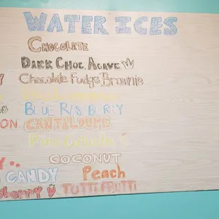The Water Ice menu