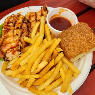 Really good bbq chicken and fries with with roll