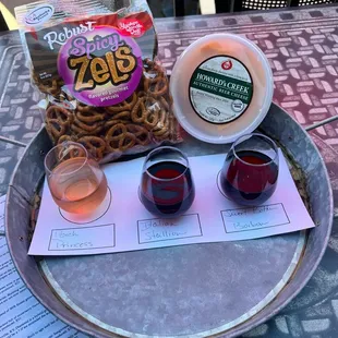 Spicy pretzels, beer cheese and a wine flight