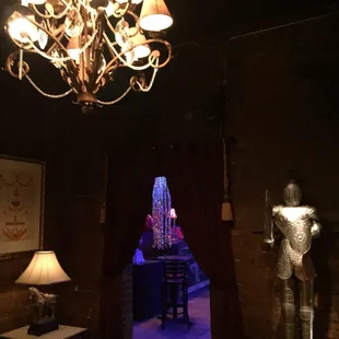 a chandelier in a dimly lit room