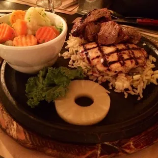 a plate of food and a glass of wine