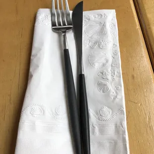 a fork and knife on a napkin