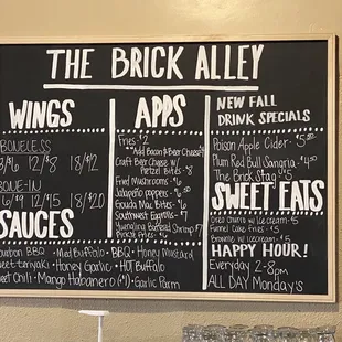 the menu for the brick alley