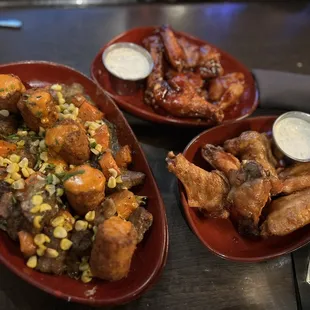 Tater Tot Hot Dish, B&amp;B BBQ wings, Pomegranate Sriracha wings